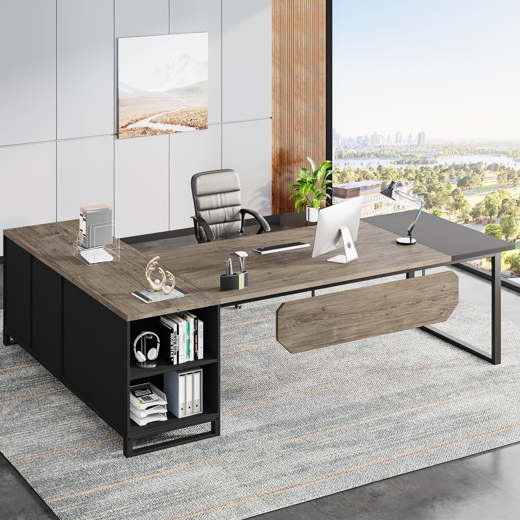 Large L-Shaped Desk, 70.87" Executive Desk with 55" File Cabinet Tribesigns